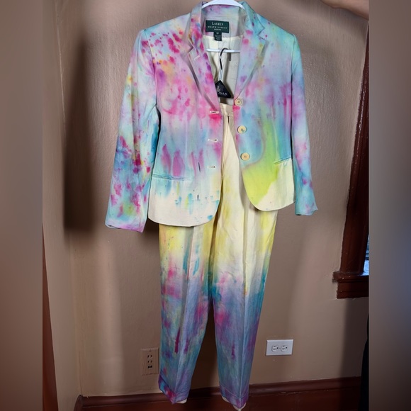 Party Dyed Suit Vintage Painted Blazer Rainbow Boho Jacket Funky Y2K Pants Chic - Picture 3 of 16